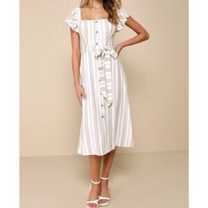Lulus Mediterranean Moves Stripe Flutter Sleeve Midi Dress Women's XL White Tan